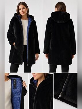 NEW Boombogie Black Faux Fur Coat with Blue Lining and hood